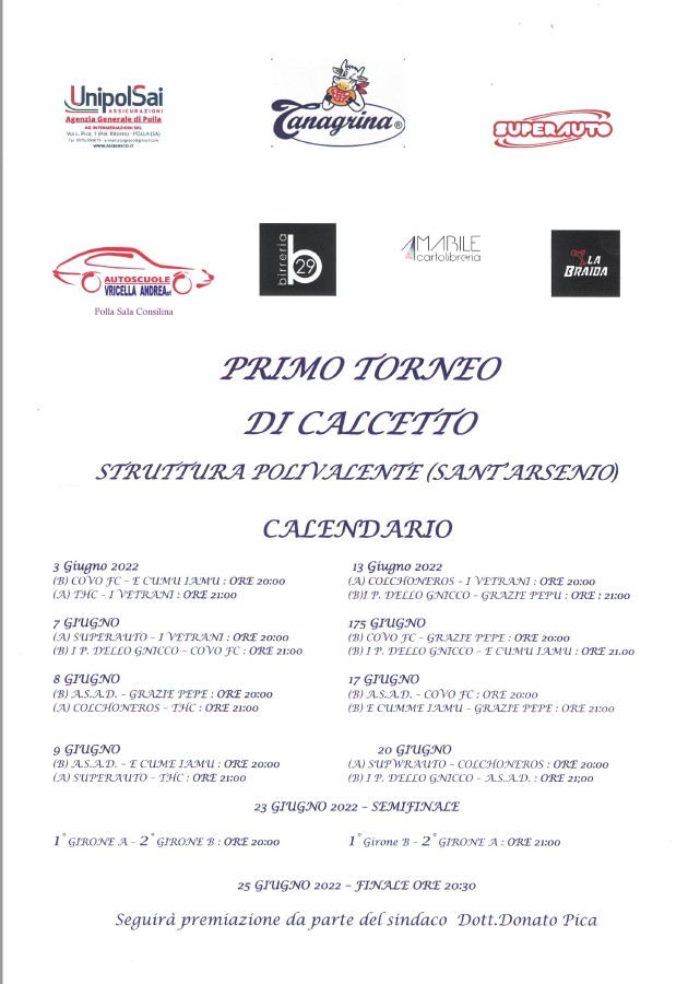 Primo Torneo di Calcetto  Struttura Polivalente Sant’Arsenio – Calendario Giugno 2022